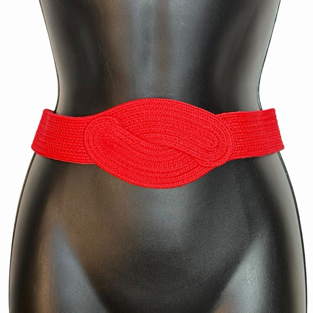 VINTAGE WOMENS 80s 90s WIDE WOVEN STRETCH WAIST BELT BOHO BRAIDED KNOT RED S